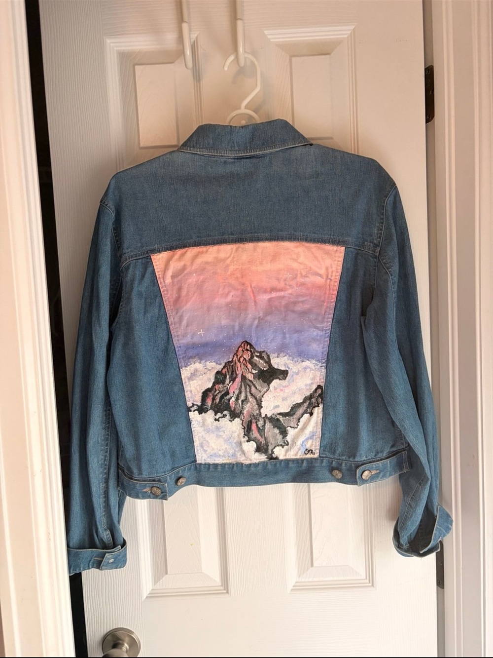 Hand-Painted Denim Jacket with Sunset Mountain Panel